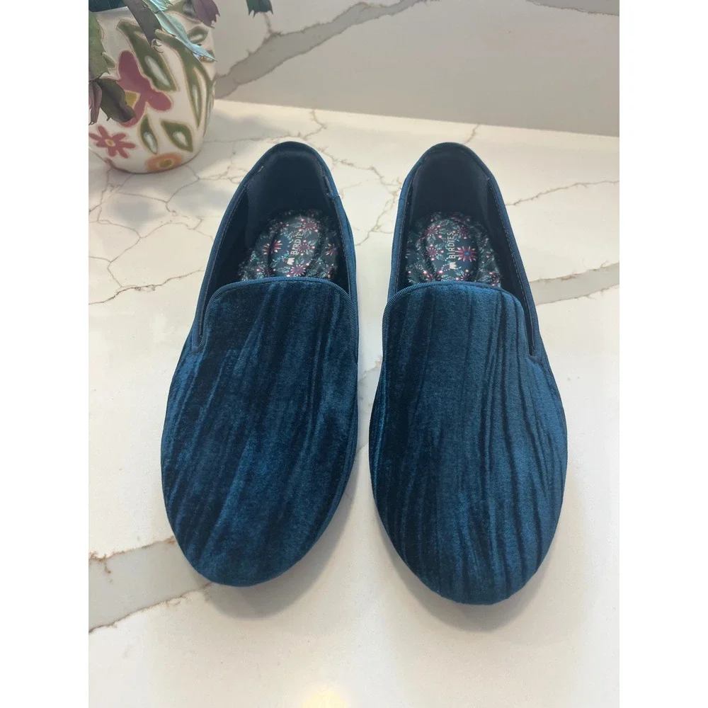 Birdies The Starling Blue Crushed Velvet Loafers Smoking Slippers Womens 8.5
